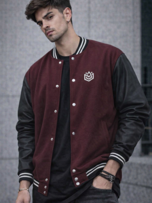 Men’s Maroon Varsity Jacket – Classic College Style with Leather Sleeves