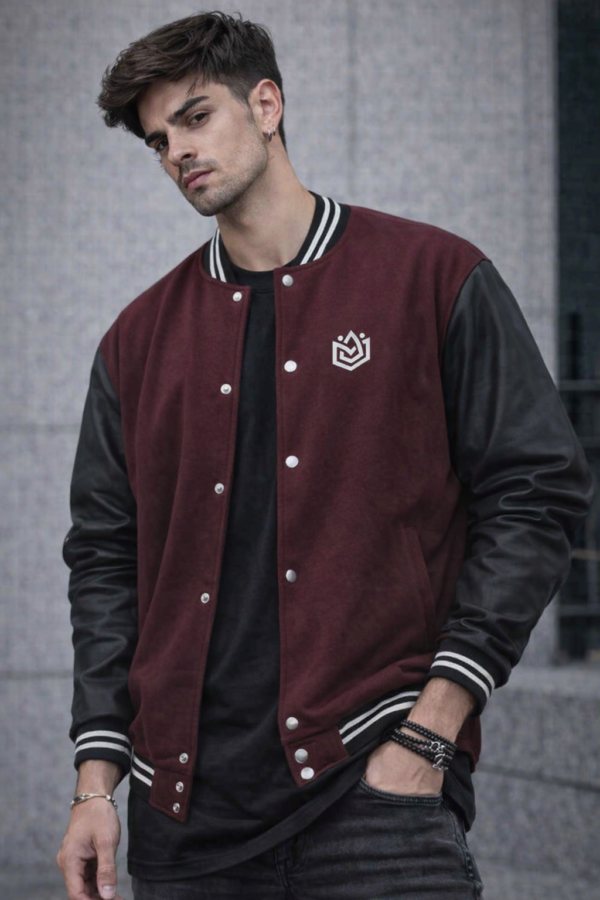 Men’s Maroon Varsity Jacket – Classic College Style with Leather Sleeves